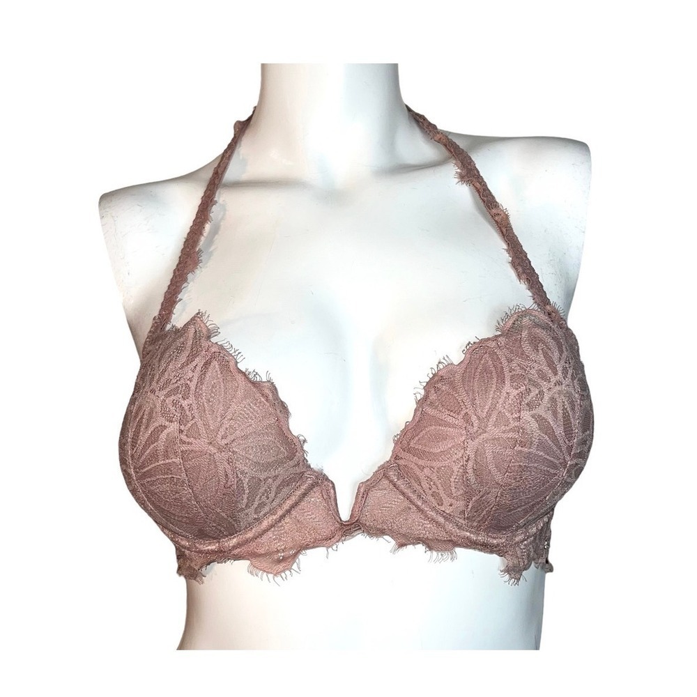 PINK‎ Victoria's Secret 32C Date Push-up Halter Lace Pink Bra
